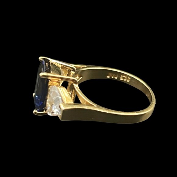 Vintage Blue Sapphire Ring With Cubic Zirconia Gold-Plated Sterling Silver - Picture 6 of 7